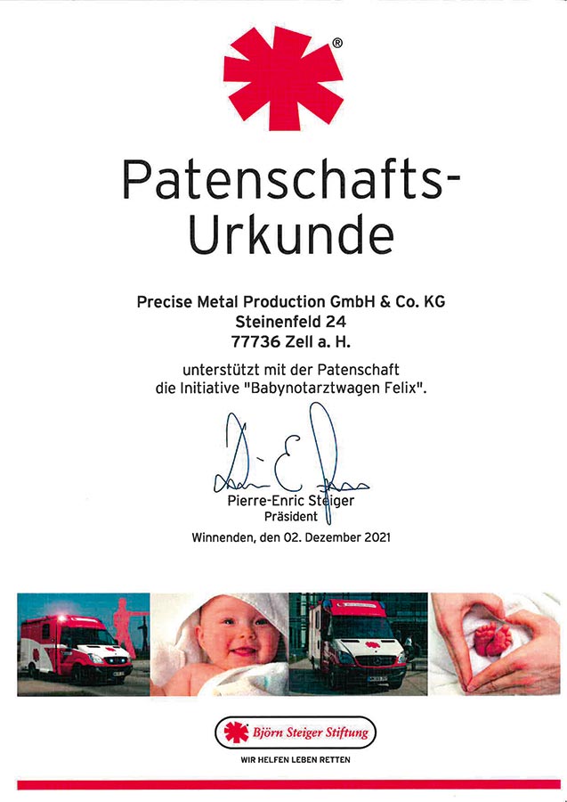 Precise Metal Production, PMP, Zell a.H., sponsorship certificate 2021