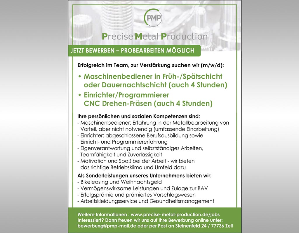 Jobs, Precise Metal Production, PMP, Zell a.H.